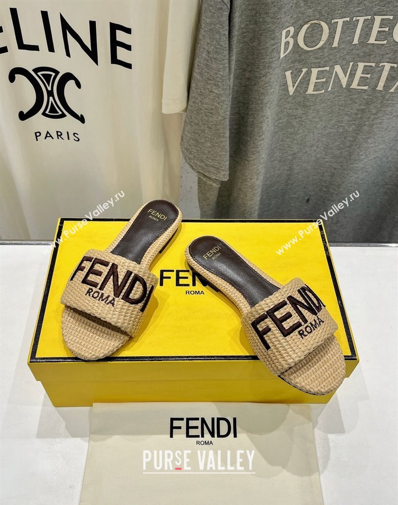 Fendi Signature Flat Slide Sandals in Woven Fiber Khaki 2024 0702 (MD-240702093)