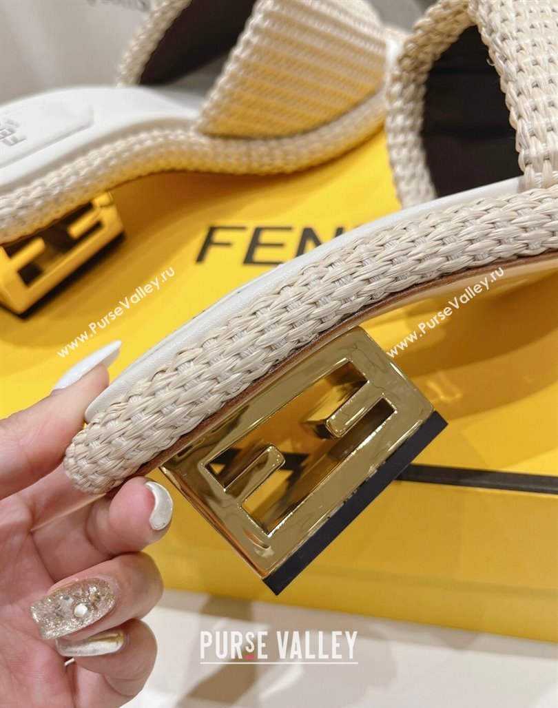 Fendi Baguette Heel Slide Sandals 4.5cm in Woven Fiber Beige 2024 0702 (MD-240702096)