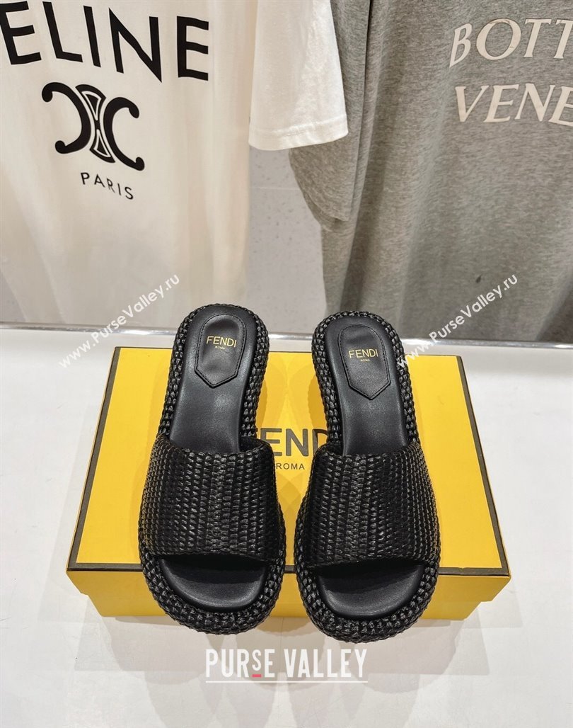 Fendi Baguette Heel Slide Sandals 4.5cm in Woven Fiber Black 2024 0702 (MD-240702097)