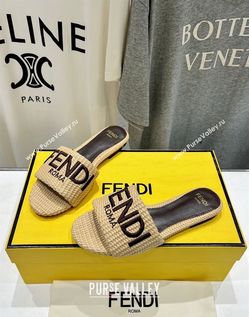 Fendi Signature Flat Slide Sandals in Woven Fiber Khaki 2024 0702 (MD-240702093)