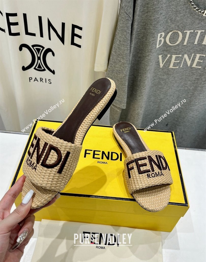 Fendi Signature Flat Slide Sandals in Woven Fiber Khaki 2024 0702 (MD-240702093)