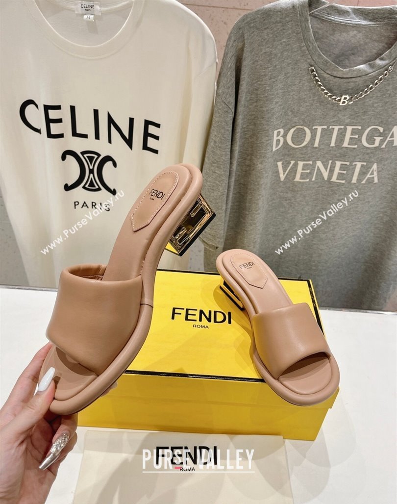 Fendi Baguette Heel Slide Sandals 4.5cm in Nappa Leather Nude 2024 0702 (MD-240702102)