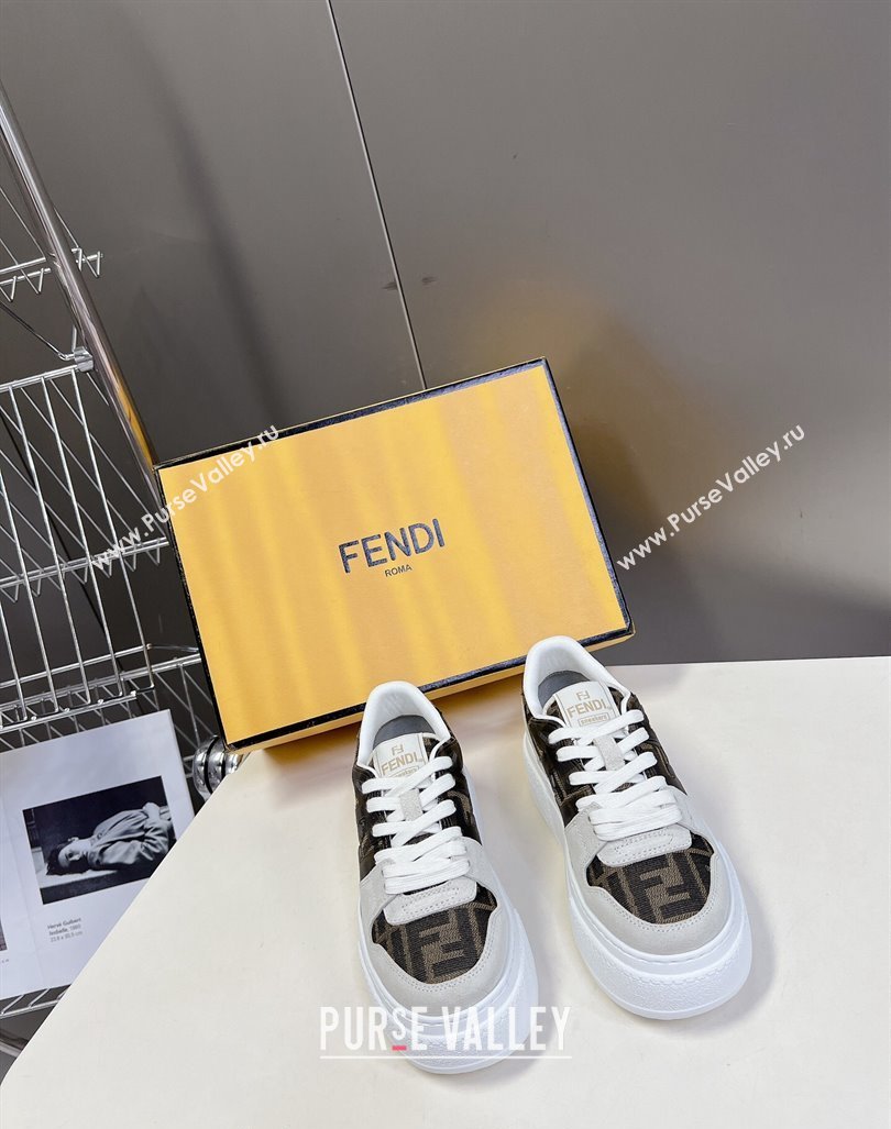 Fendi Match Platform Sneakers 5cm in Brown FF jacquard and White suede 2024 0723 (MD-2407230095)