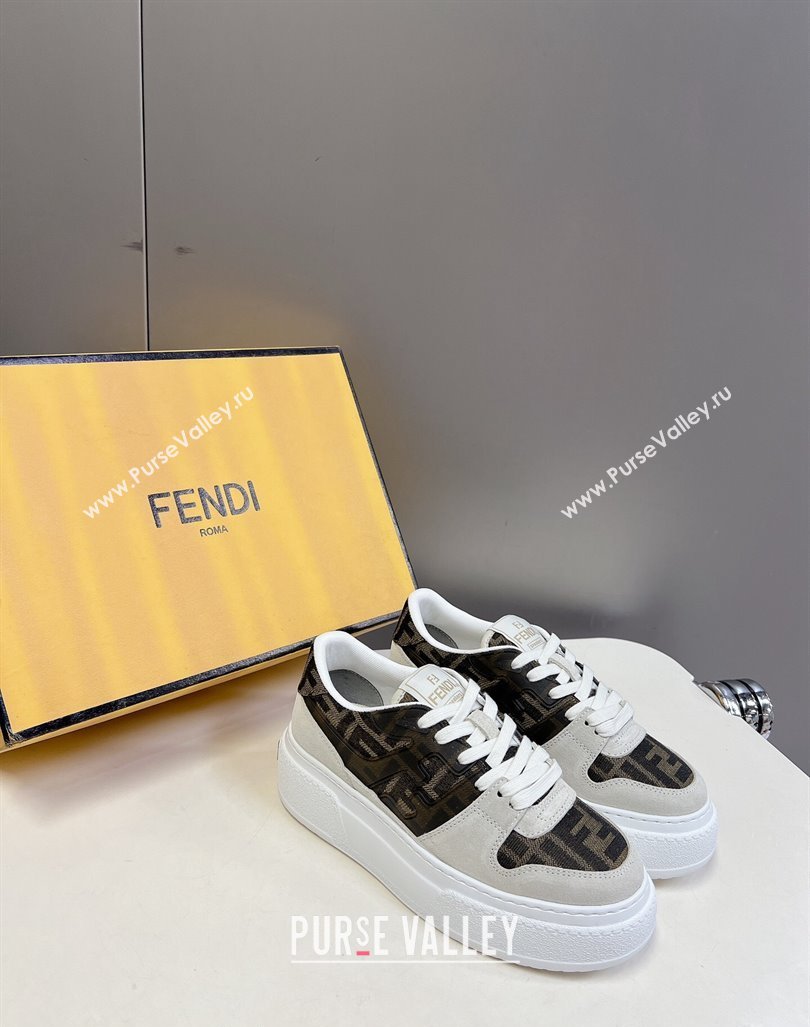 Fendi Match Platform Sneakers 5cm in Brown FF jacquard and White suede 2024 0723 (MD-2407230095)