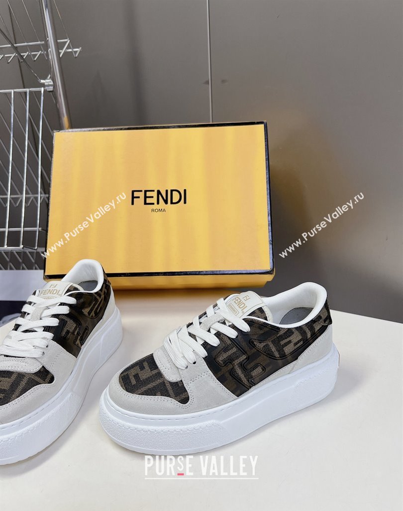 Fendi Match Platform Sneakers 5cm in Brown FF jacquard and White suede 2024 0723 (MD-2407230095)