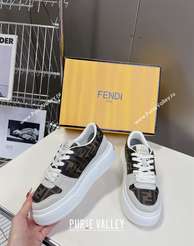 Fendi Match Platform Sneakers 5cm in Brown FF jacquard and White suede 2024 0723 (MD-2407230095)