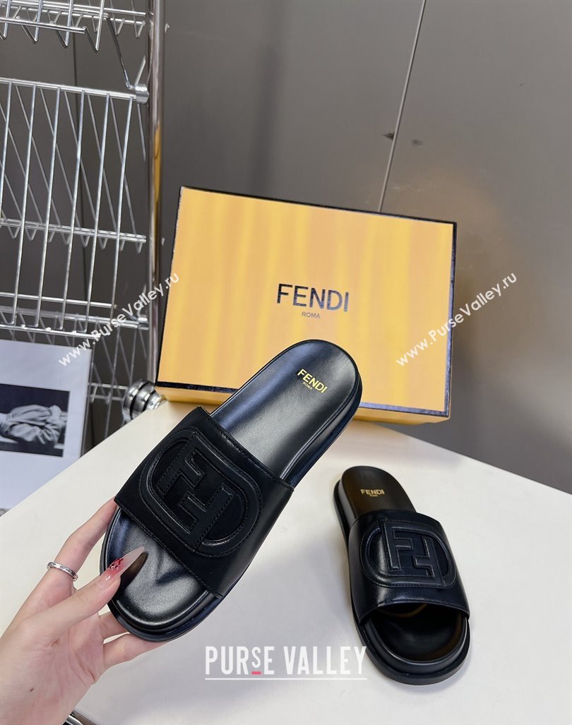 Fendi Leather Flat Slides Sandal with FF Circle Black 2024 0813 (MD-240813119)