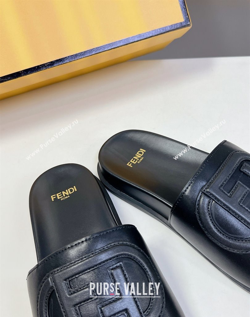 Fendi Leather Flat Slides Sandal with FF Circle Black 2024 0813 (MD-240813119)