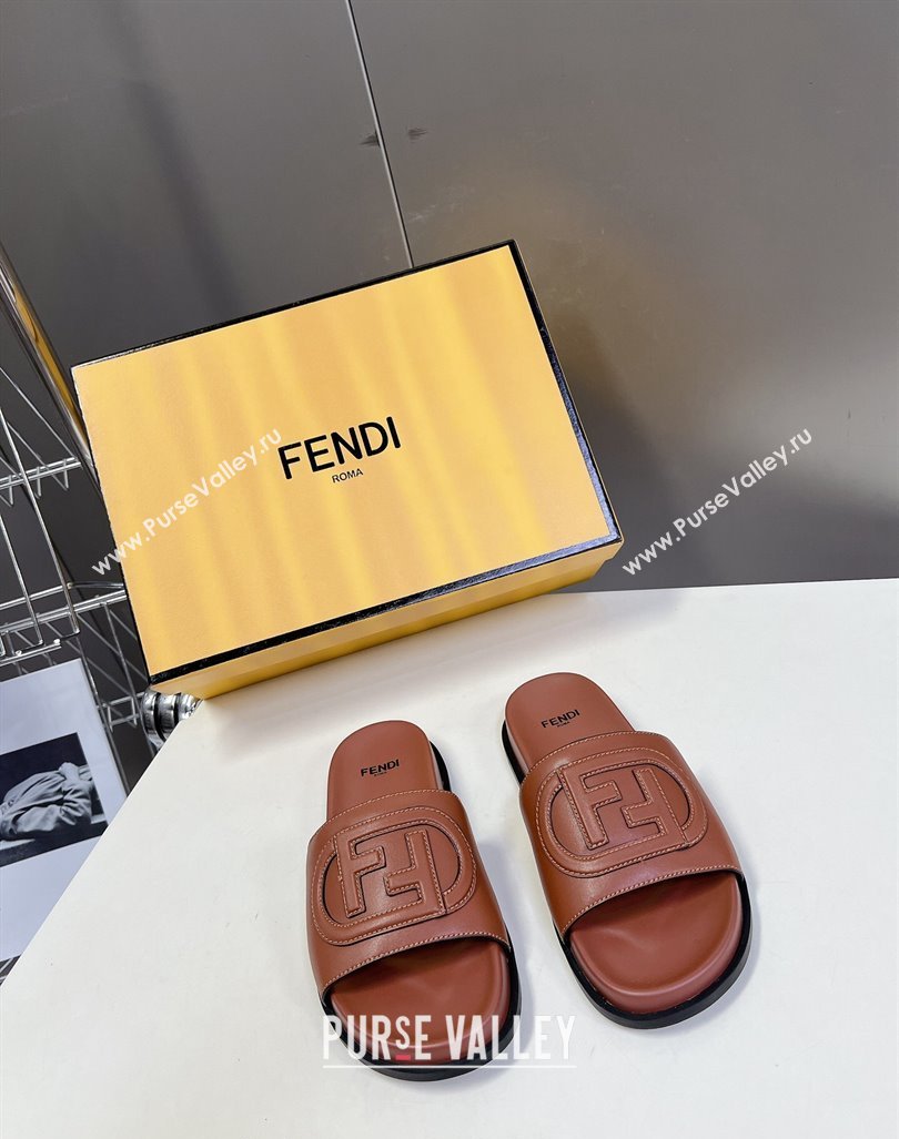 Fendi Leather Flat Slides Sandal with FF Circle Brown 2024 0813 (MD-240813120)