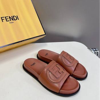 Fendi Leather Flat Slides Sandal with FF Circle Brown 2024 0813 (MD-240813120)