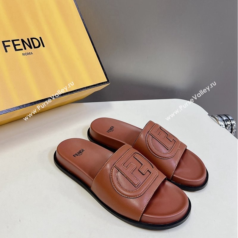 Fendi Leather Flat Slides Sandal with FF Circle Brown 2024 0813 (MD-240813120)