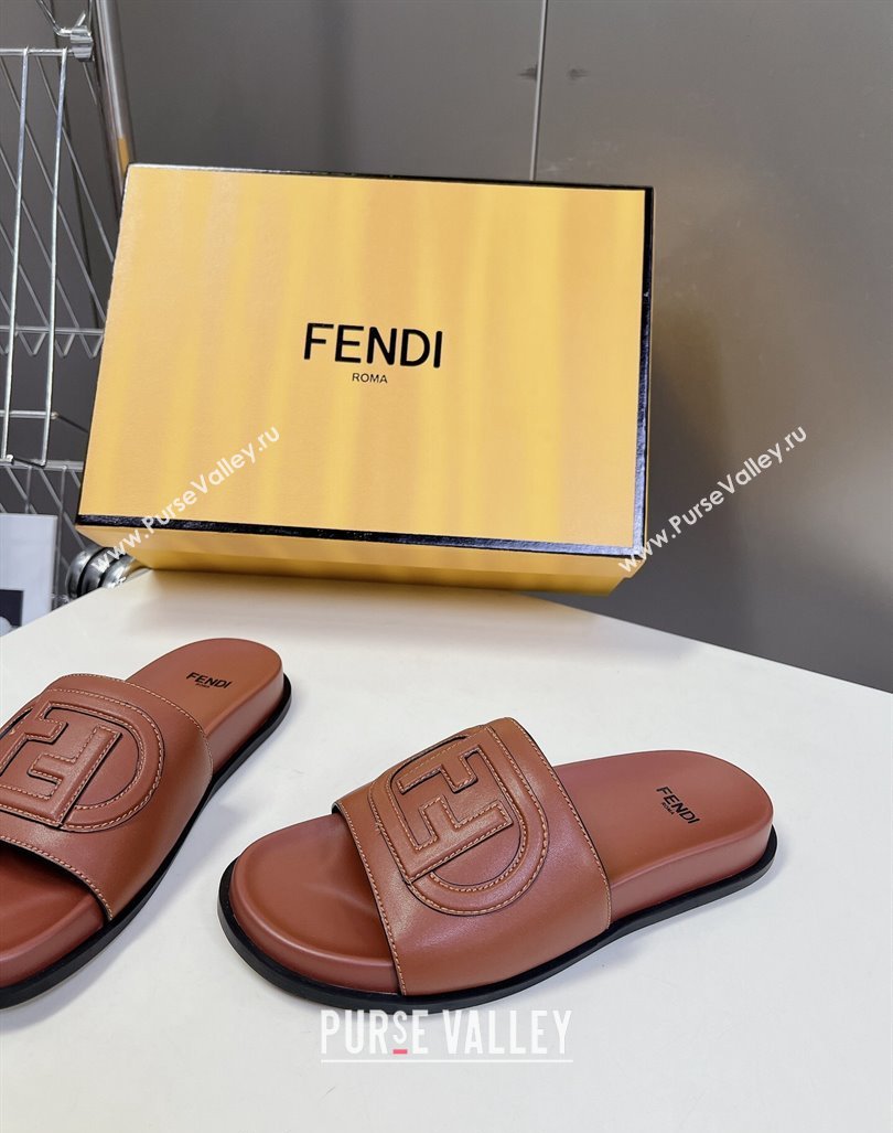 Fendi Leather Flat Slides Sandal with FF Circle Brown 2024 0813 (MD-240813120)