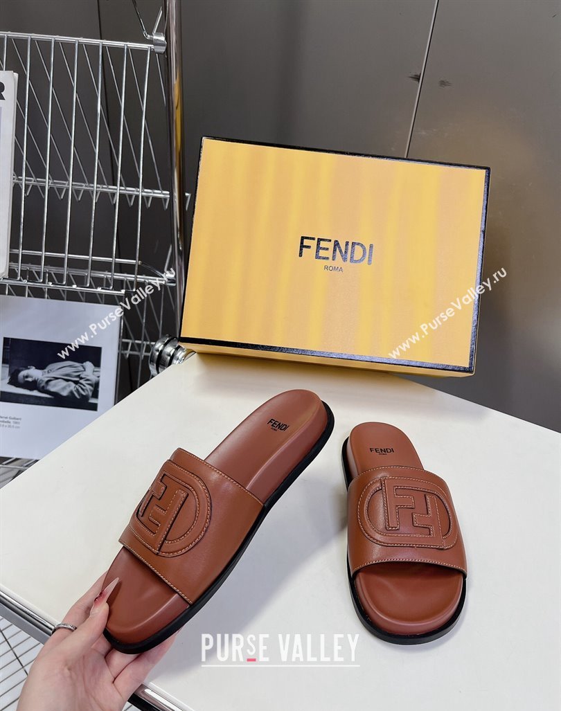 Fendi Leather Flat Slides Sandal with FF Circle Brown 2024 0813 (MD-240813120)