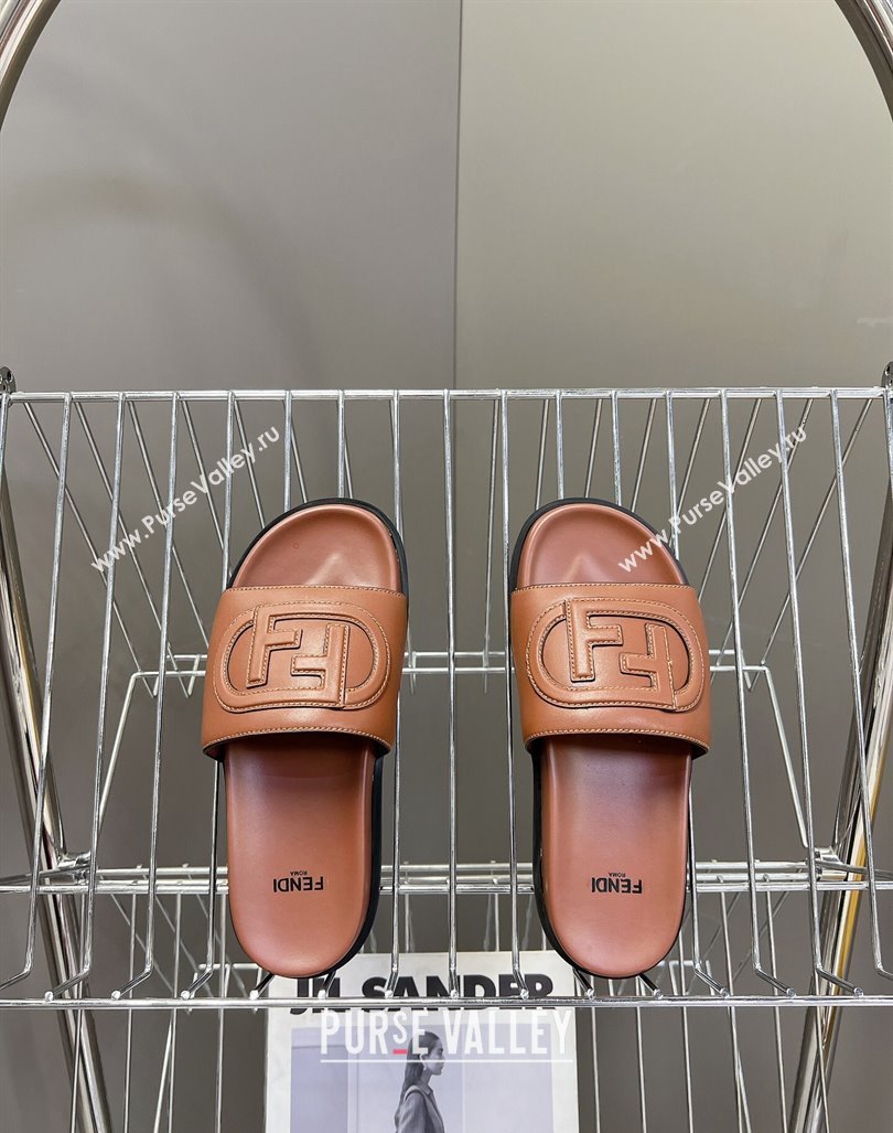 Fendi Leather Flat Slides Sandal with FF Circle Brown 2024 0813 (MD-240813120)
