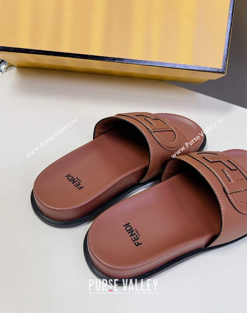 Fendi Leather Flat Slides Sandal with FF Circle Brown 2024 0813 (MD-240813120)