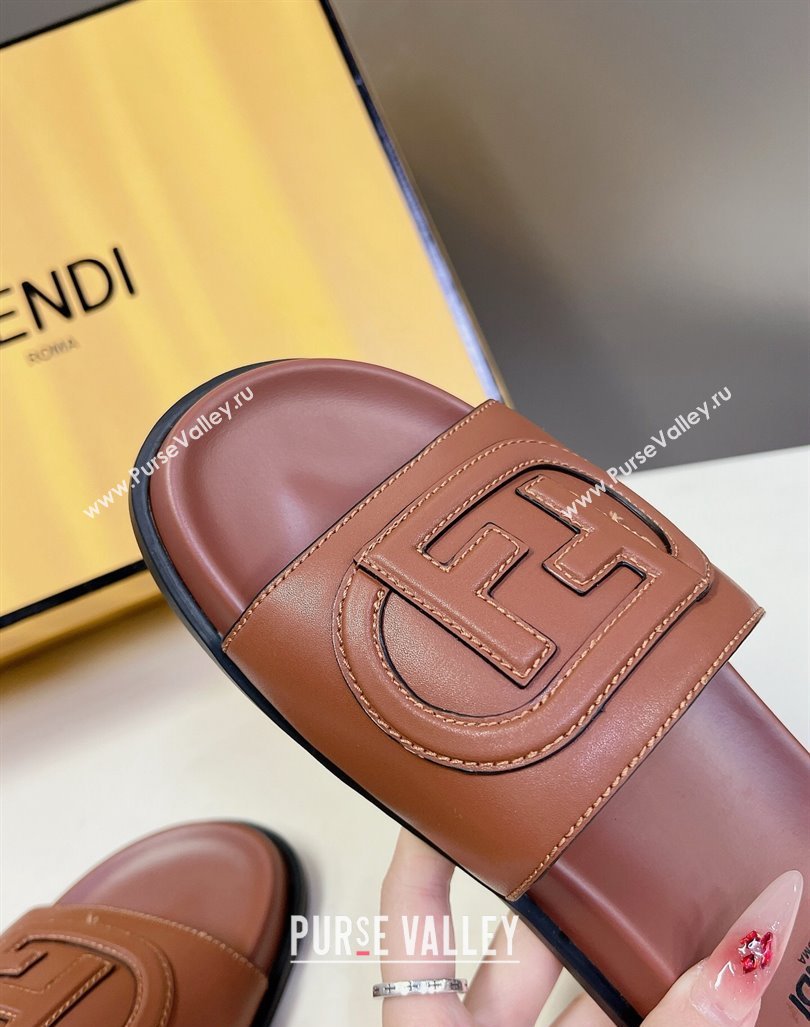 Fendi Leather Flat Slides Sandal with FF Circle Brown 2024 0813 (MD-240813120)