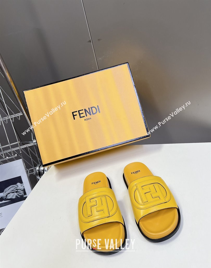 Fendi Leather Flat Slides Sandal with FF Circle Yellow 2024 0813 (MD-240813122)