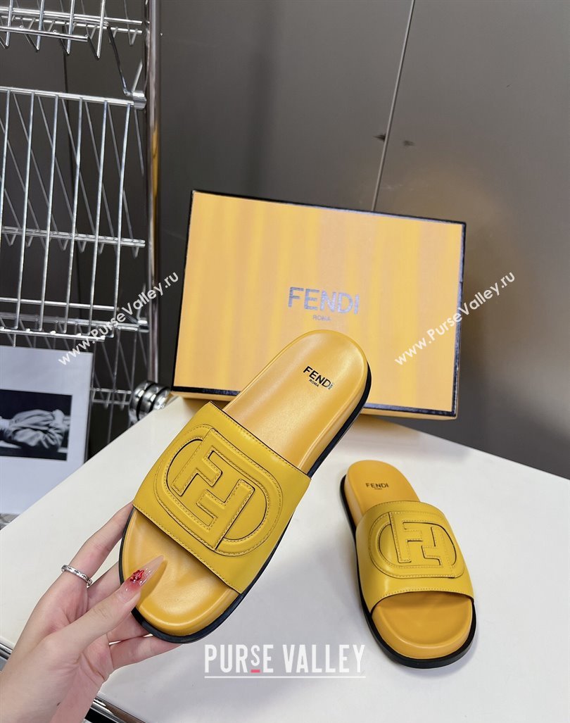 Fendi Leather Flat Slides Sandal with FF Circle Yellow 2024 0813 (MD-240813122)