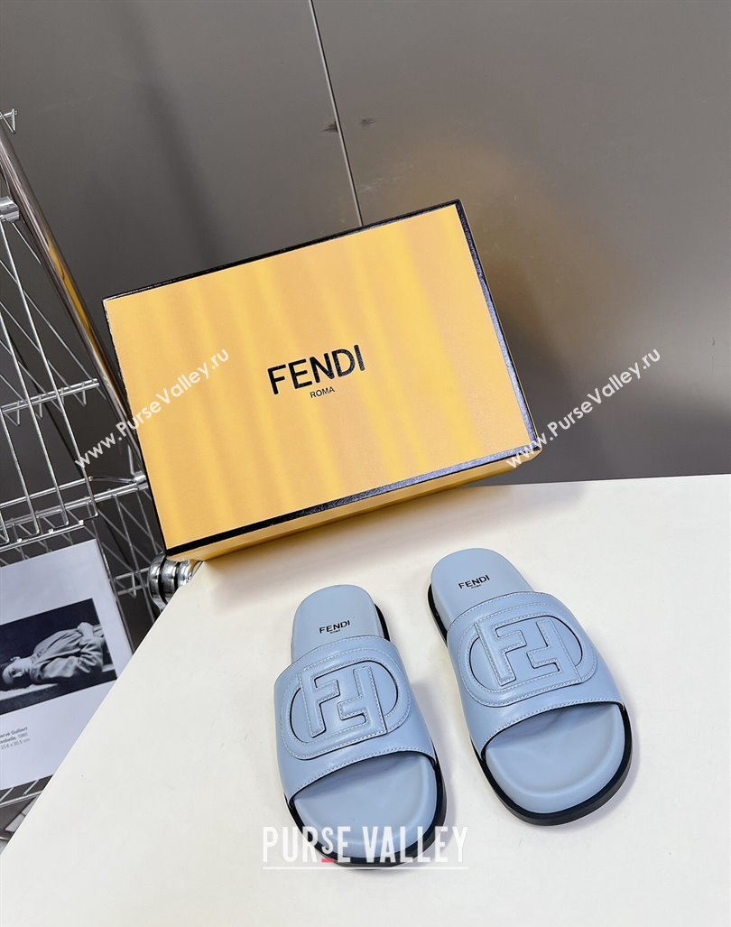 Fendi Leather Flat Slides Sandal with FF Circle Blue 2024 0813 (MD-240813123)