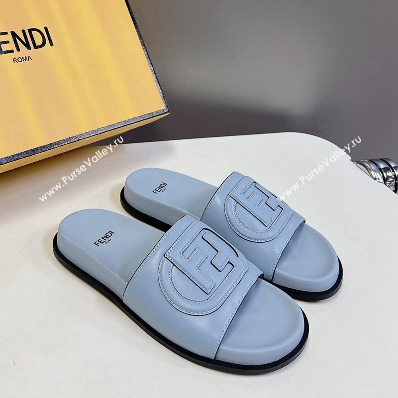 Fendi Leather Flat Slides Sandal with FF Circle Blue 2024 0813 (MD-240813123)