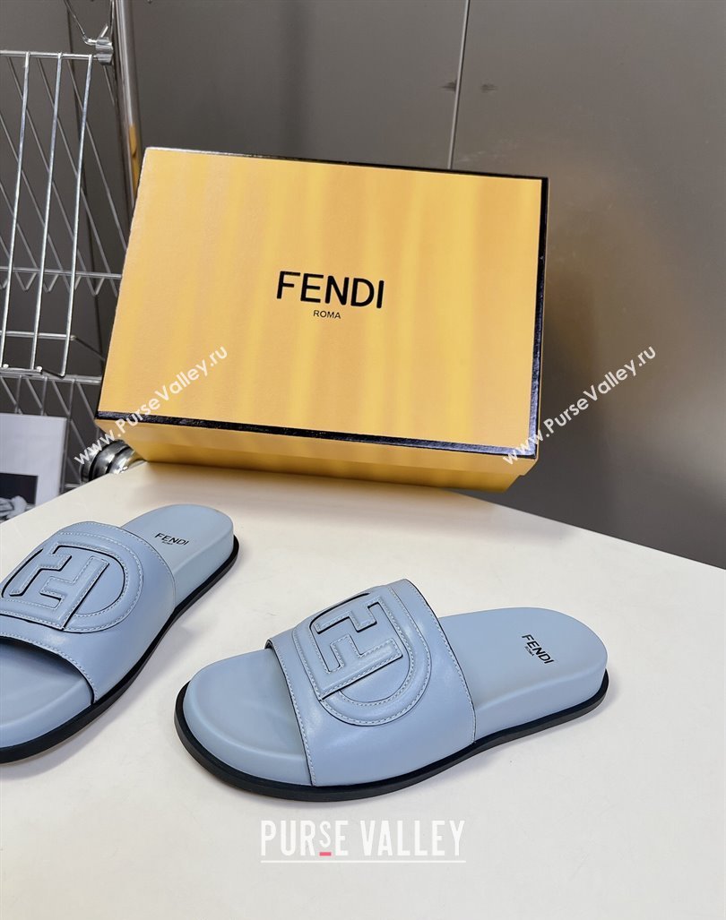 Fendi Leather Flat Slides Sandal with FF Circle Blue 2024 0813 (MD-240813123)