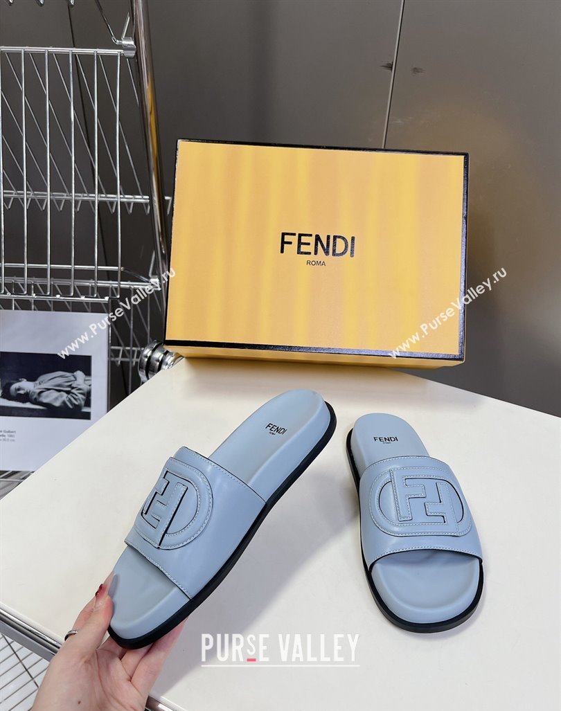 Fendi Leather Flat Slides Sandal with FF Circle Blue 2024 0813 (MD-240813123)