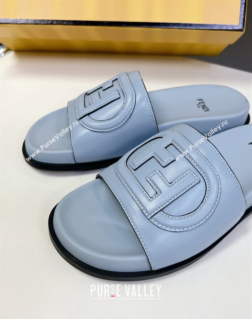 Fendi Leather Flat Slides Sandal with FF Circle Blue 2024 0813 (MD-240813123)