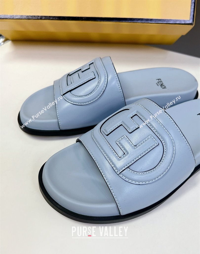 Fendi Leather Flat Slides Sandal with FF Circle Blue 2024 0813 (MD-240813123)