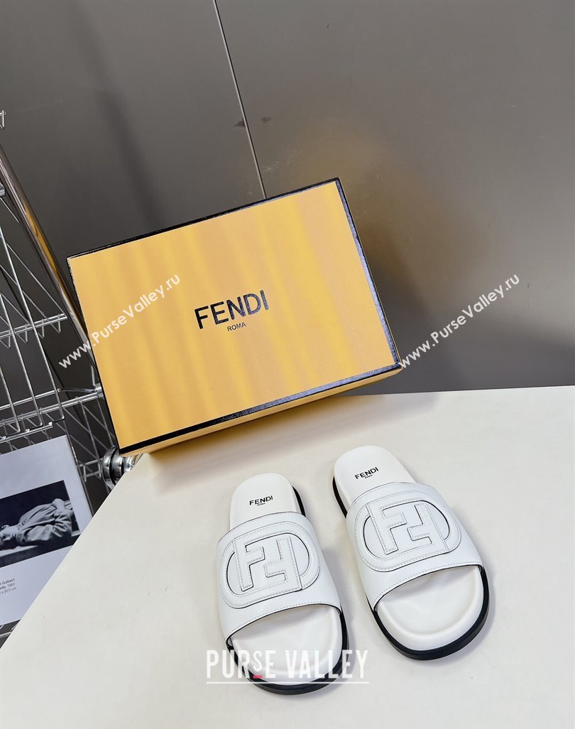 Fendi Leather Flat Slides Sandal with FF Circle White 2024 0813 (MD-240813125)