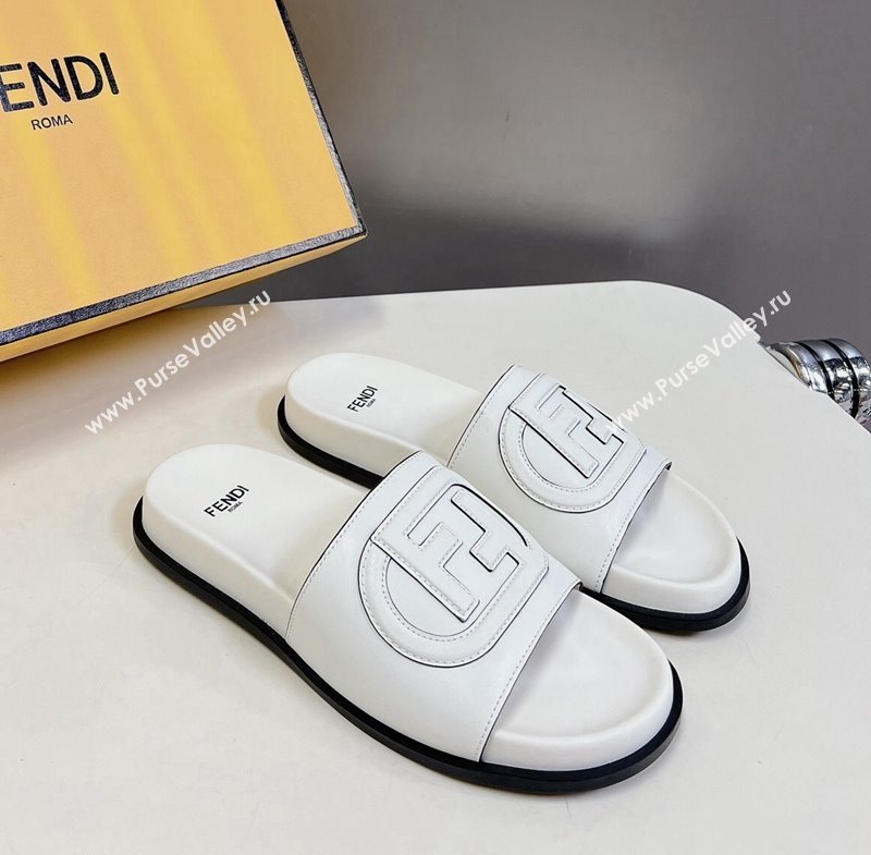 Fendi Leather Flat Slides Sandal with FF Circle White 2024 0813 (MD-240813125)