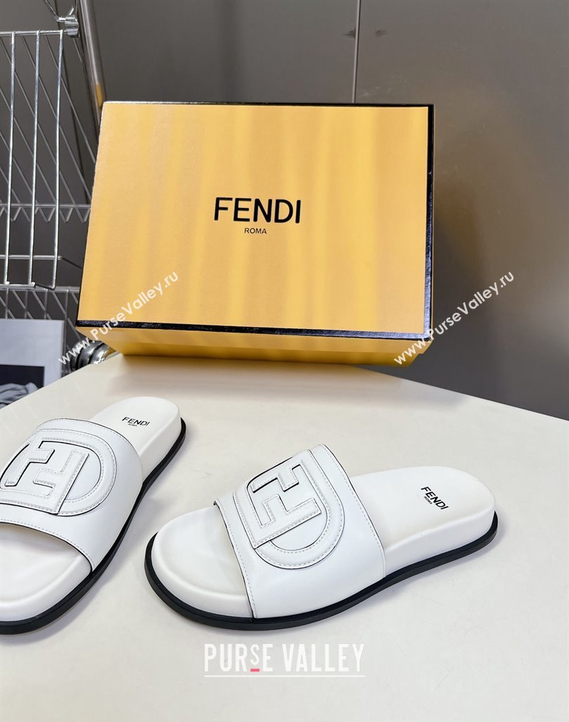 Fendi Leather Flat Slides Sandal with FF Circle White 2024 0813 (MD-240813125)