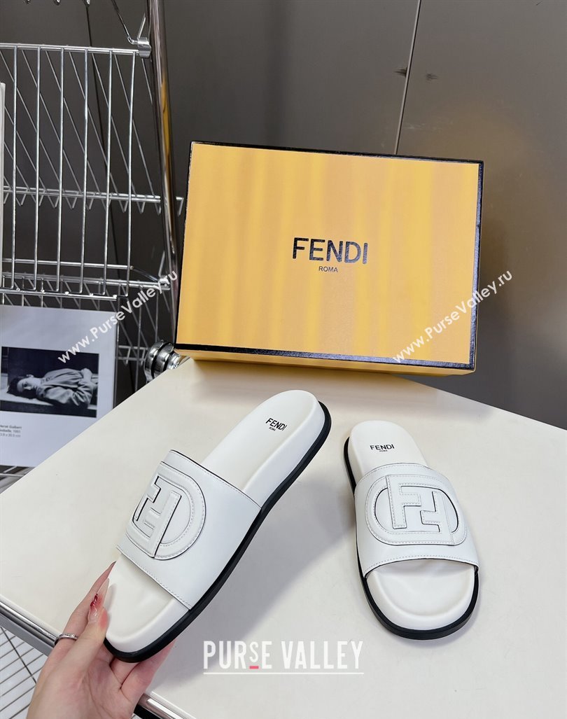 Fendi Leather Flat Slides Sandal with FF Circle White 2024 0813 (MD-240813125)