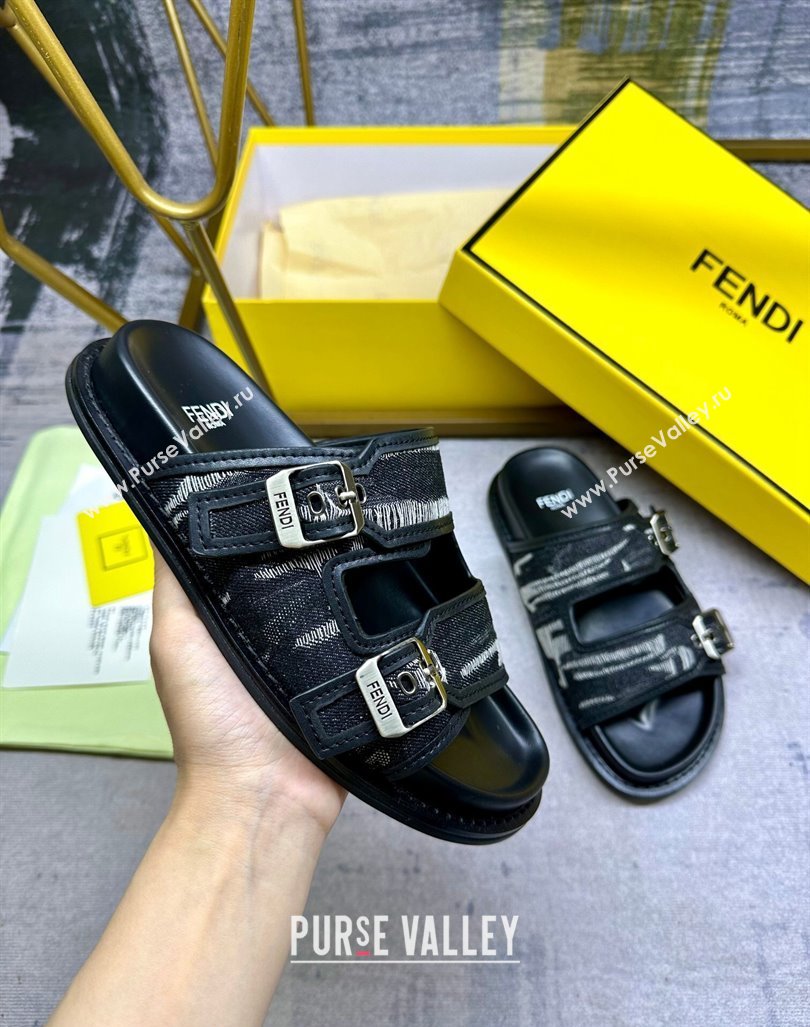 Fendi Denim Flat Slides Sandal with Buckle Black 2024 0813 (MD-240813126)