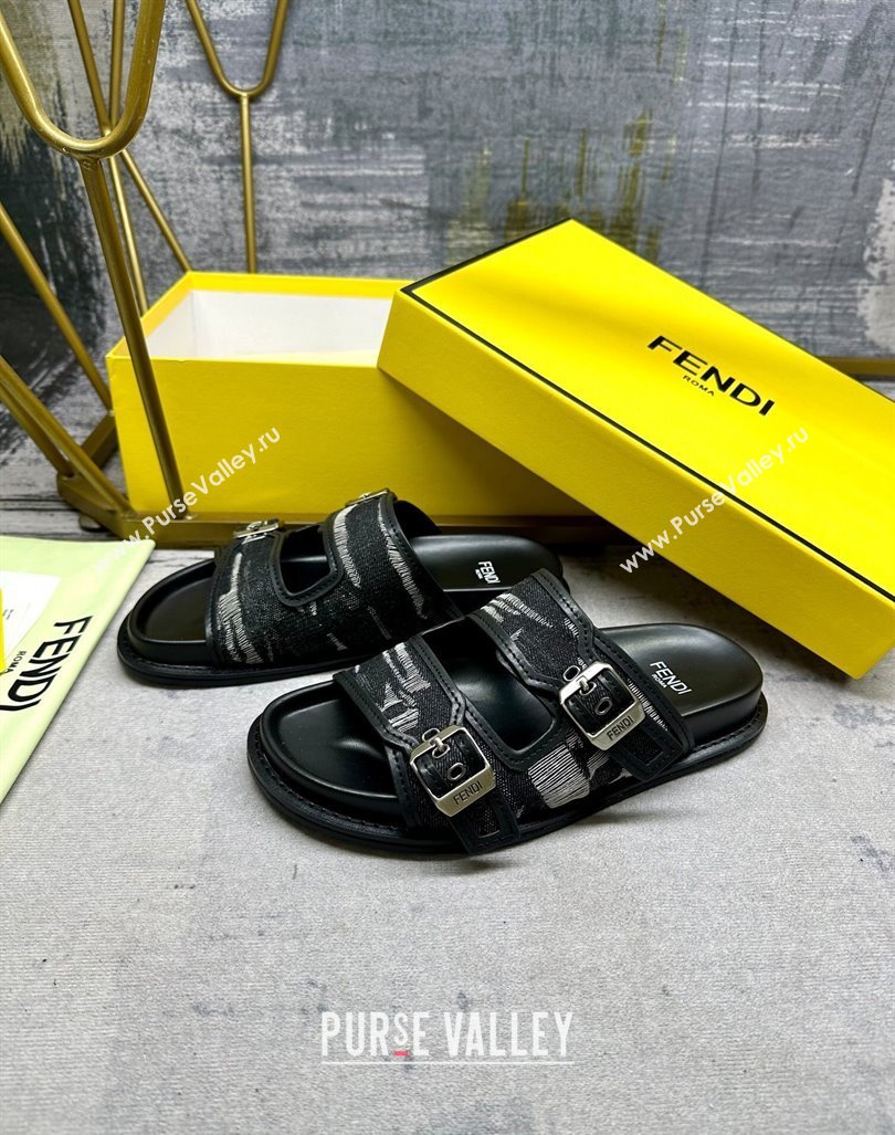 Fendi Denim Flat Slides Sandal with Buckle Black 2024 0813 (MD-240813126)