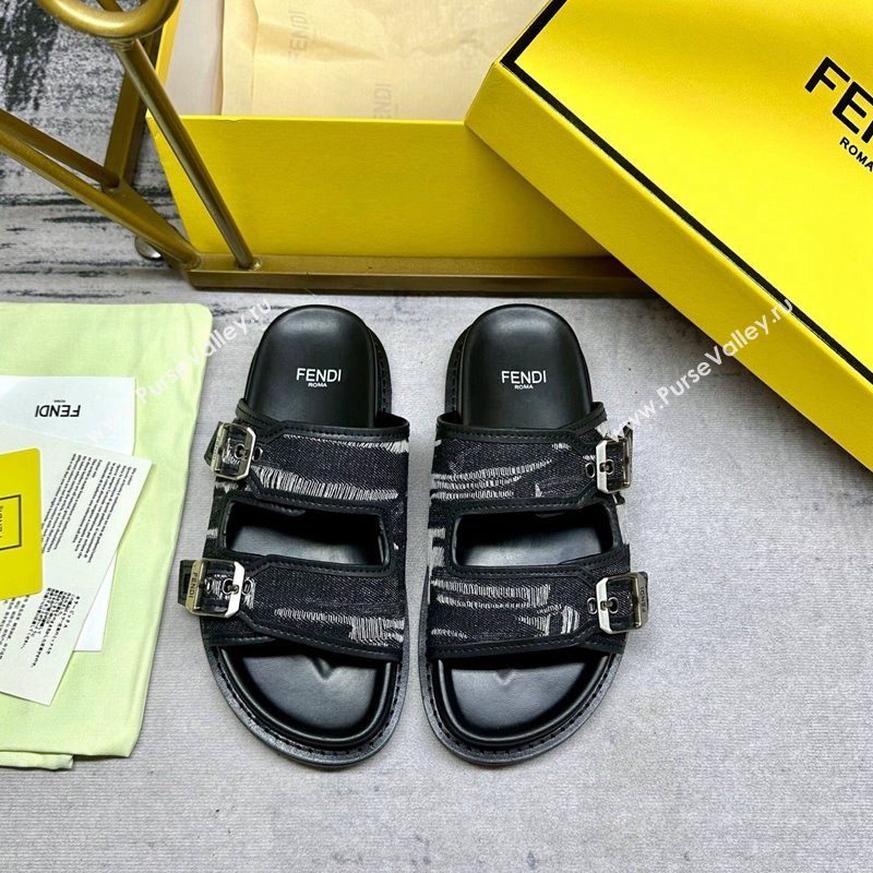 Fendi Denim Flat Slides Sandal with Buckle Black 2024 0813 (MD-240813126)