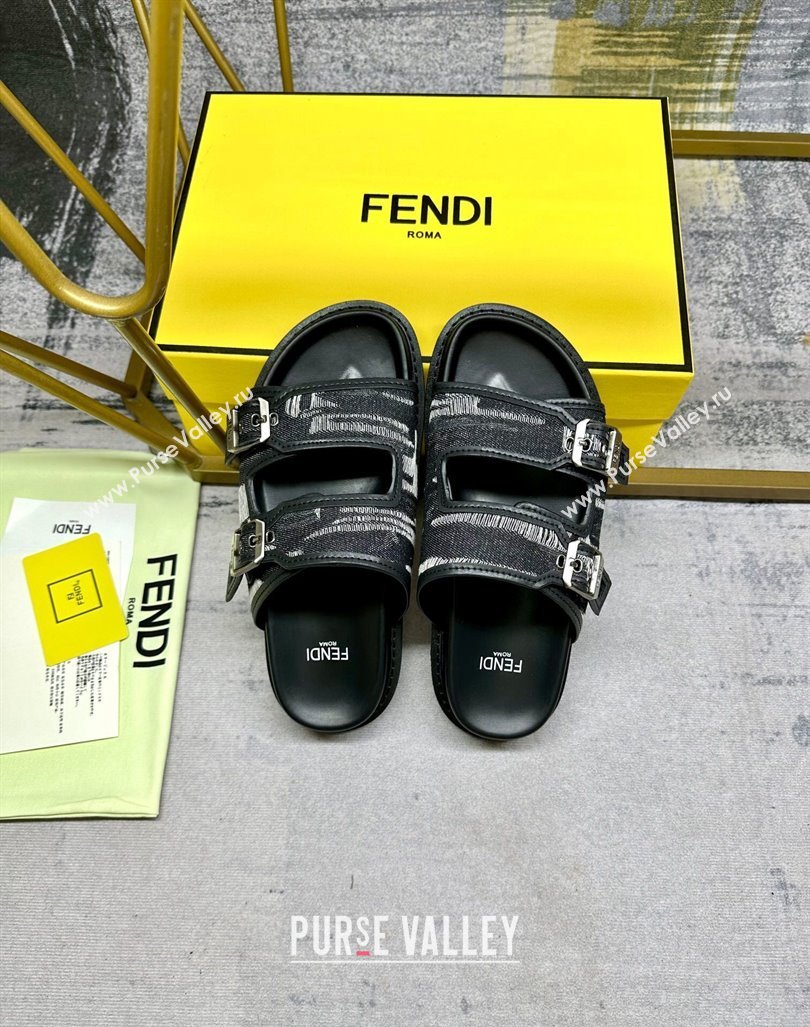 Fendi Denim Flat Slides Sandal with Buckle Black 2024 0813 (MD-240813126)