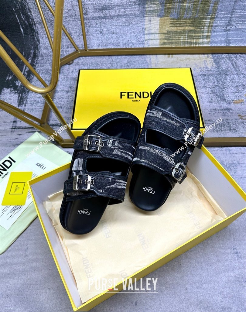 Fendi Denim Flat Slides Sandal with Buckle Black 2024 0813 (MD-240813126)