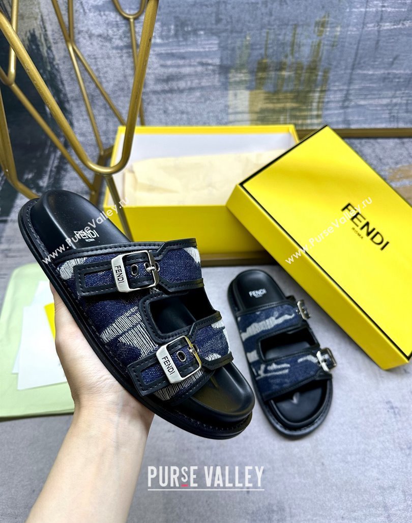 Fendi Denim Flat Slides Sandal with Buckle Black 2024 0813 (MD-240813126)