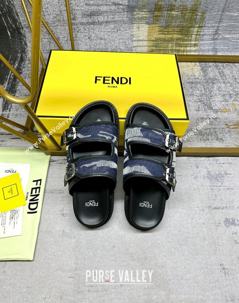 Fendi Denim Flat Slides Sandal with Buckle Dark Blue 2024 0813 (MD-240813127)