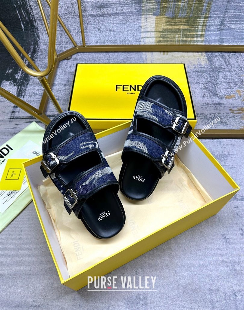 Fendi Denim Flat Slides Sandal with Buckle Dark Blue 2024 0813 (MD-240813127)