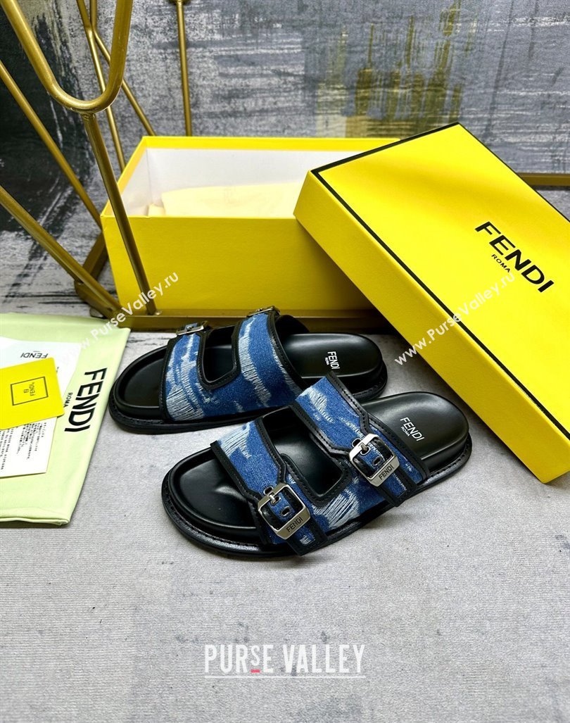 Fendi Denim Flat Slides Sandal with Buckle Blue/Black 2024 0813 (MD-240813128)