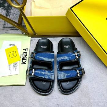 Fendi Denim Flat Slides Sandal with Buckle Blue/Black 2024 0813 (MD-240813128)