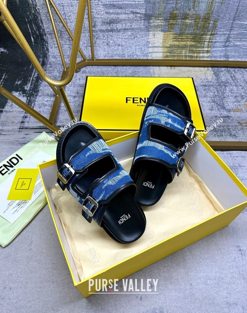 Fendi Denim Flat Slides Sandal with Buckle Blue/Black 2024 0813 (MD-240813128)