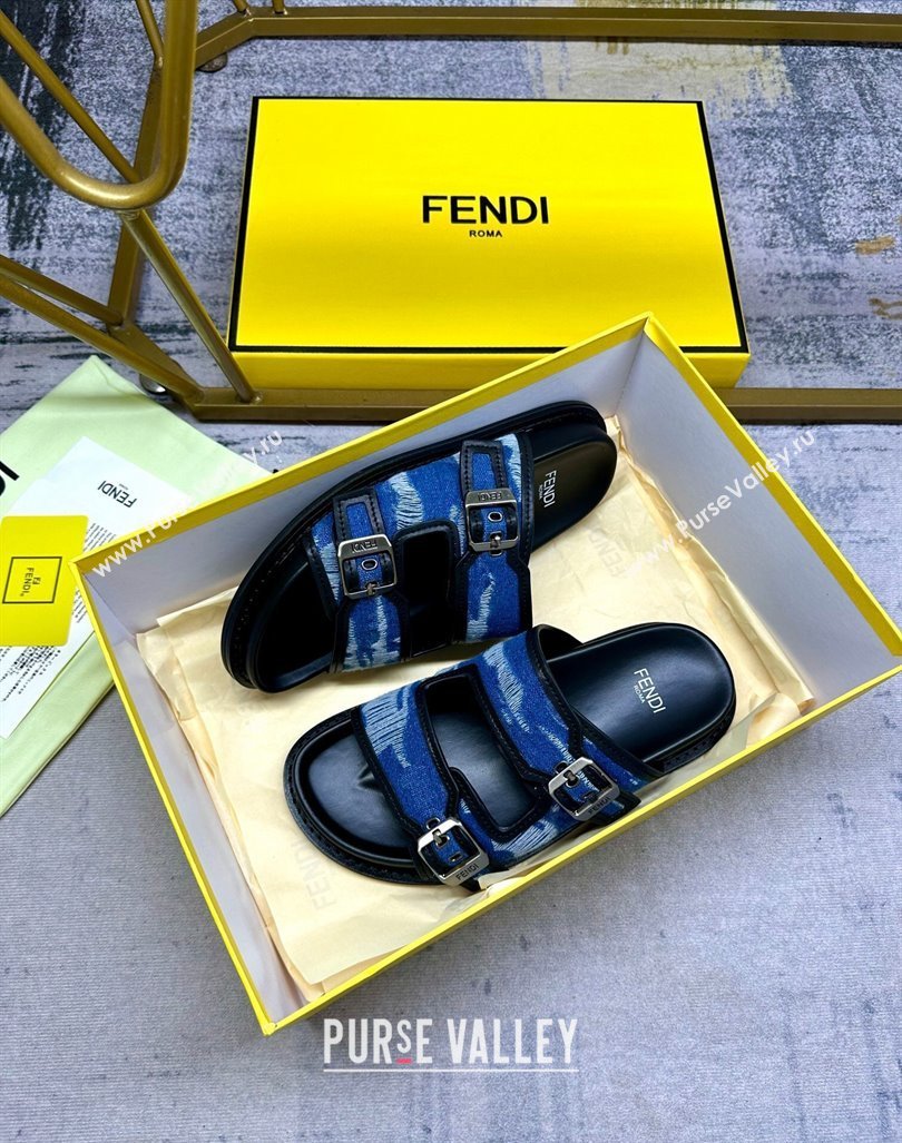 Fendi Denim Flat Slides Sandal with Buckle Blue/Black 2024 0813 (MD-240813128)