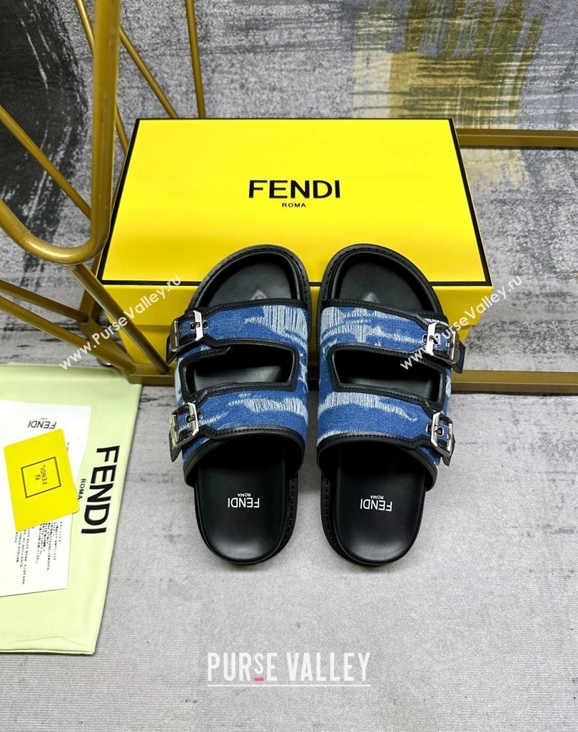 Fendi Denim Flat Slides Sandal with Buckle Blue/Black 2024 0813 (MD-240813128)