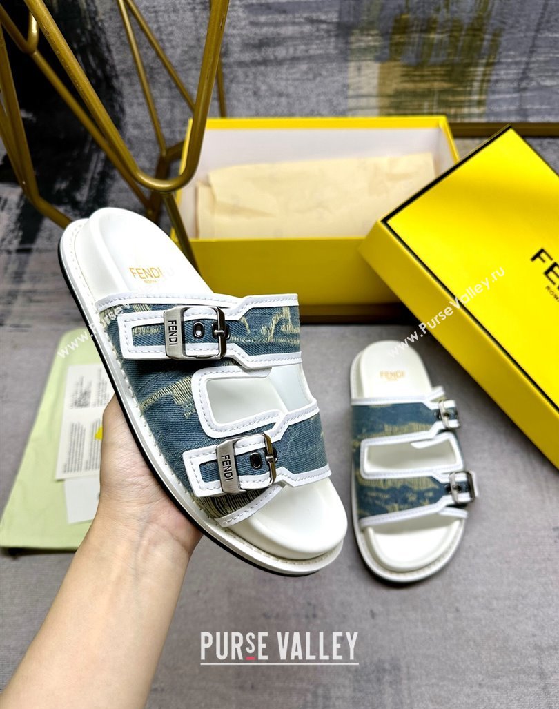 Fendi Denim Flat Slides Sandal with Buckle Blue/White 2024 0813 (MD-240813129)