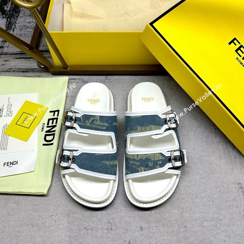 Fendi Denim Flat Slides Sandal with Buckle Blue/White 2024 0813 (MD-240813129)