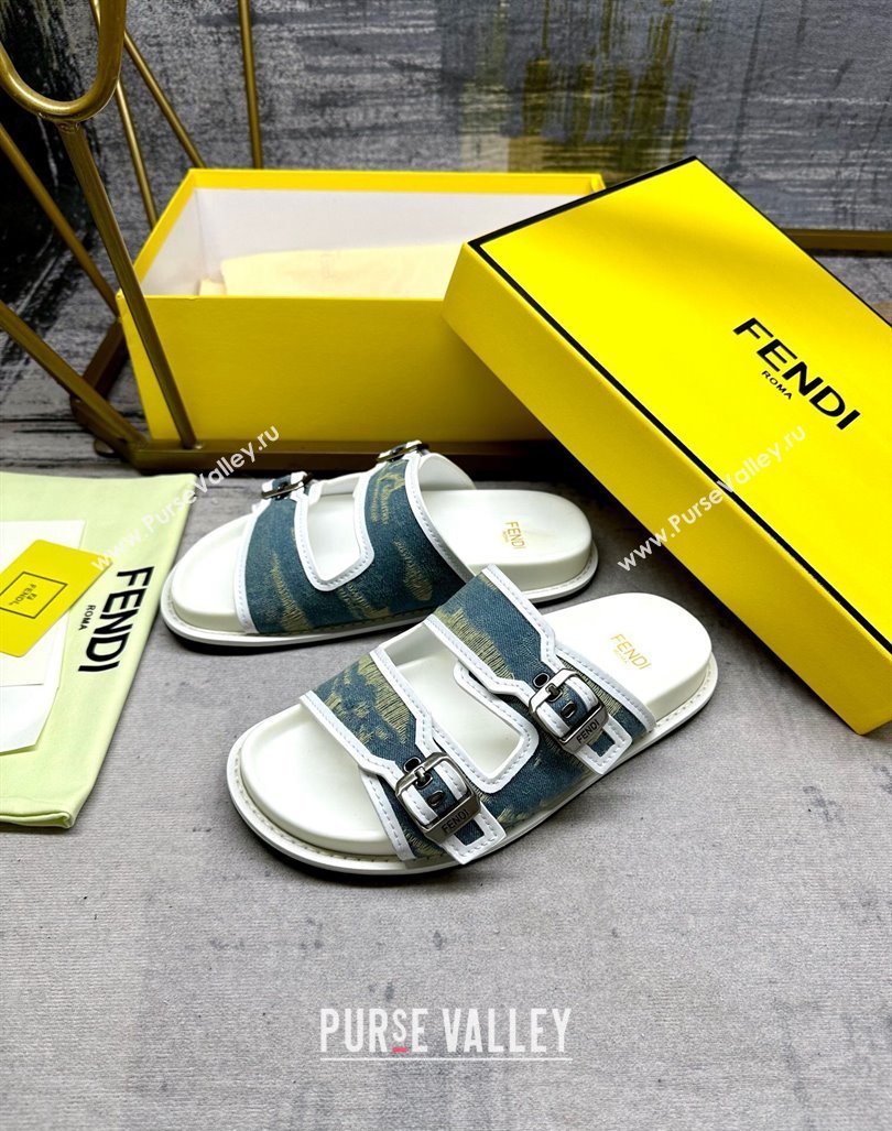 Fendi Denim Flat Slides Sandal with Buckle Blue/White 2024 0813 (MD-240813129)