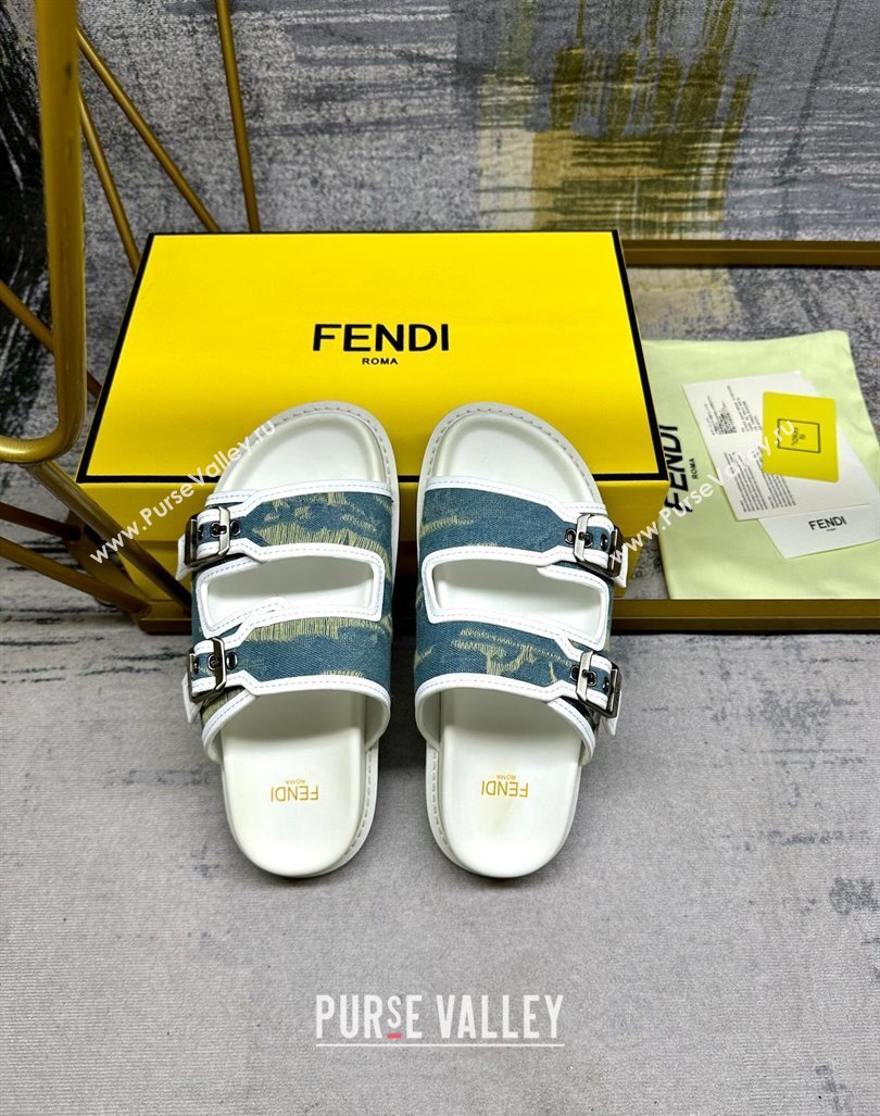 Fendi Denim Flat Slides Sandal with Buckle Blue/White 2024 0813 (MD-240813129)