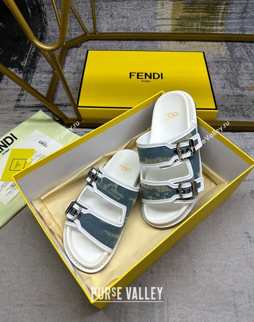 Fendi Denim Flat Slides Sandal with Buckle Blue/White 2024 0813 (MD-240813129)